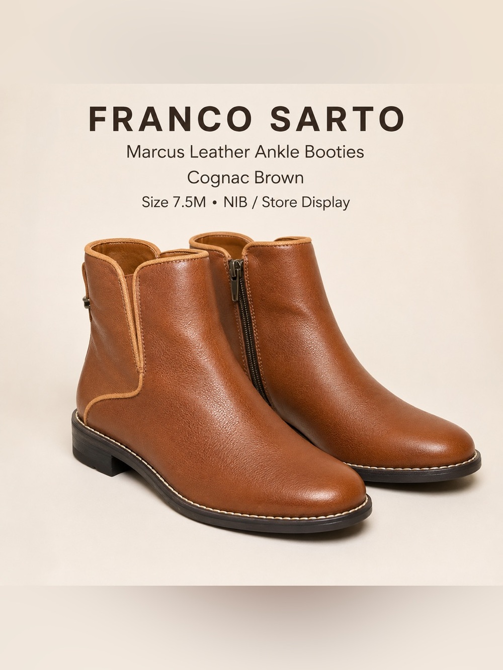Franco Sarto Marcus Leather Ankle Booties in Cognac Brown 7.5M NIB/Store Display